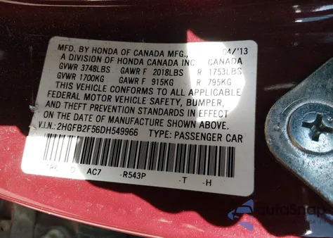 2013 Honda Civic Lx from USA, damaged, VIN 2HGFB2F56DH549966